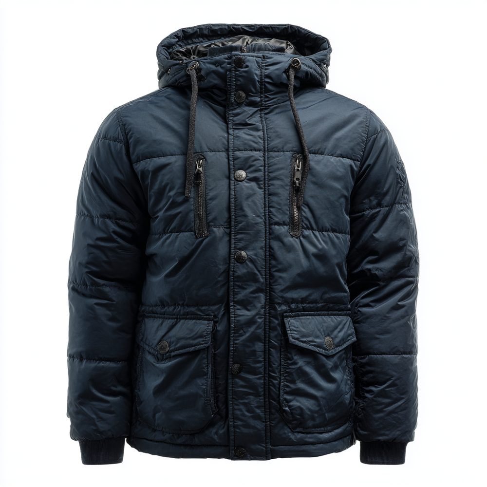 A generic navy winter jacket on a white e-commerce background