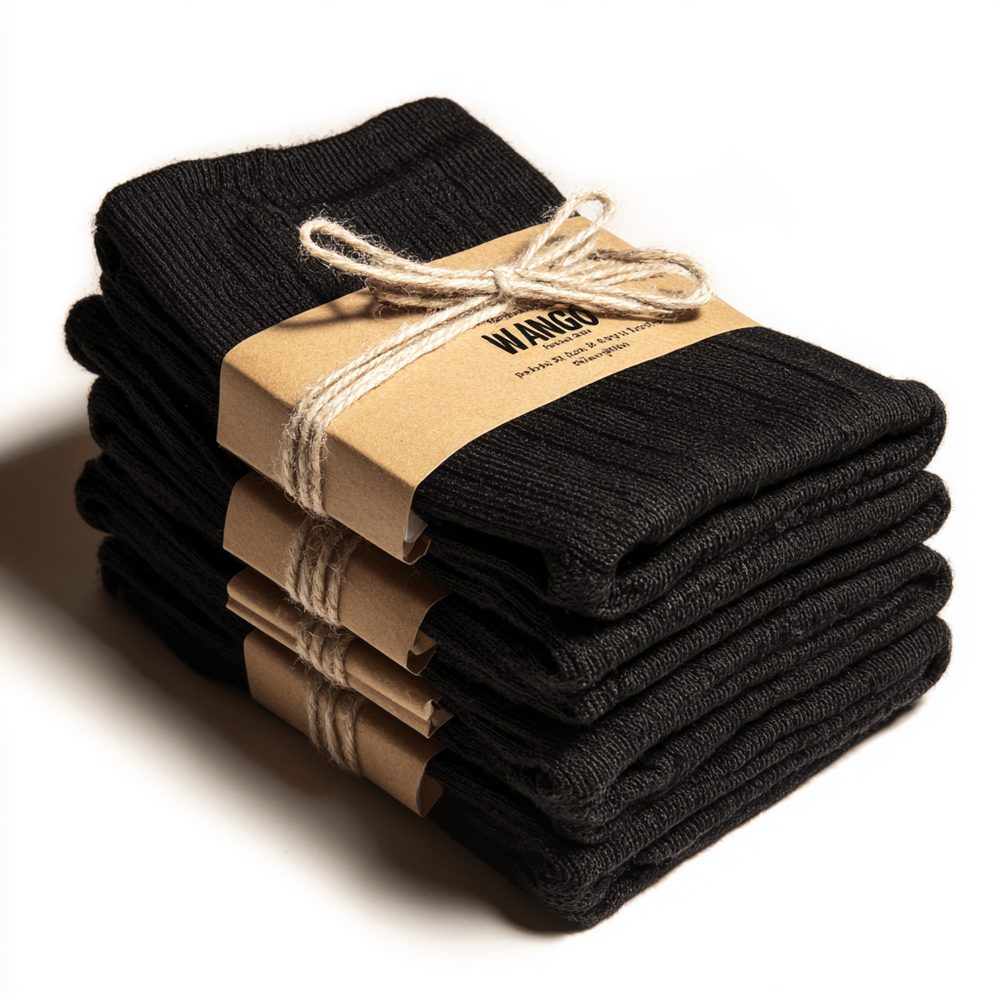 A stack of folded black dress socks tied with a paper band