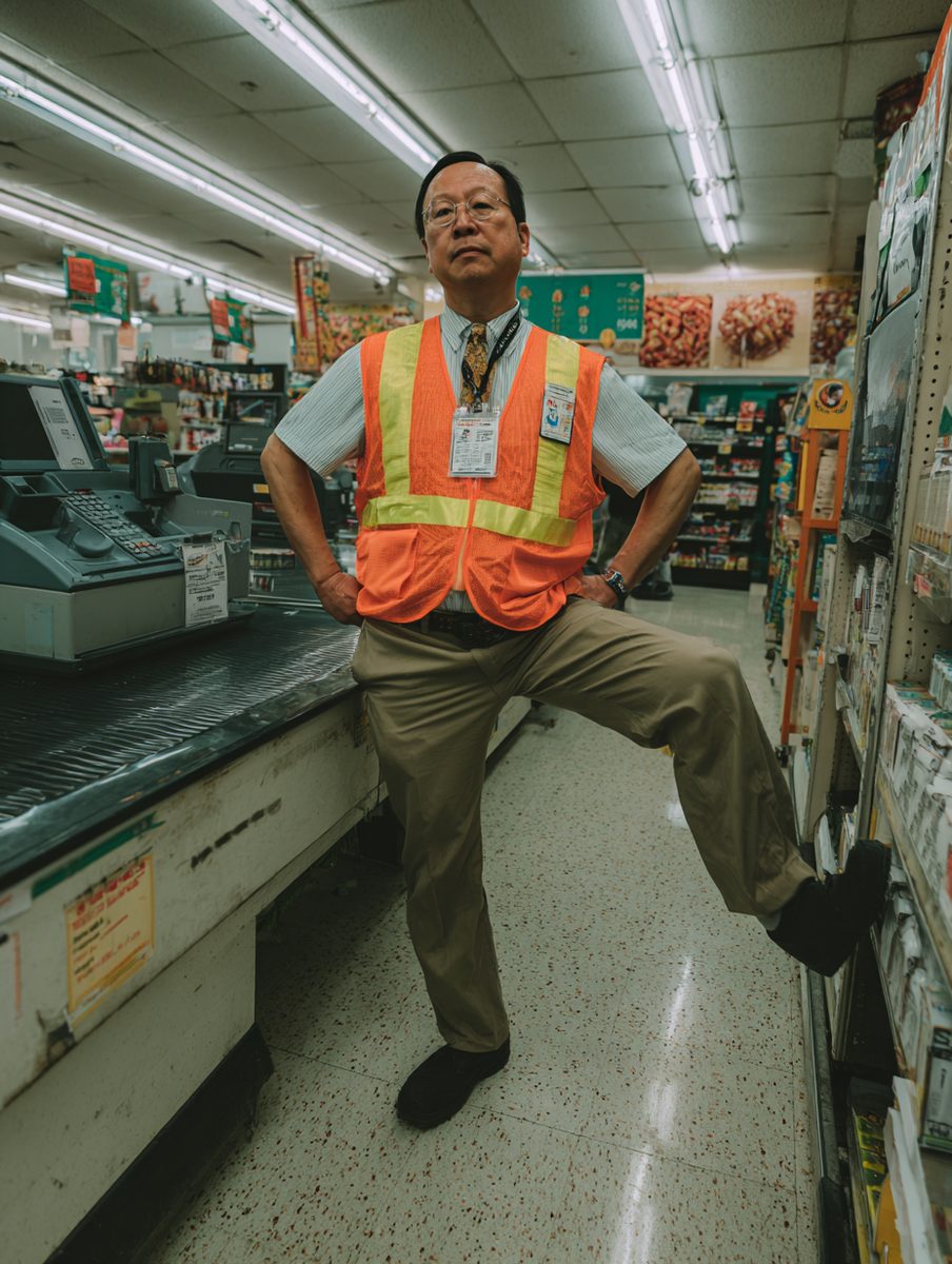 Derrick, mid-stride at Register 4, knees at regulation height, in a Wang's orange safety vest