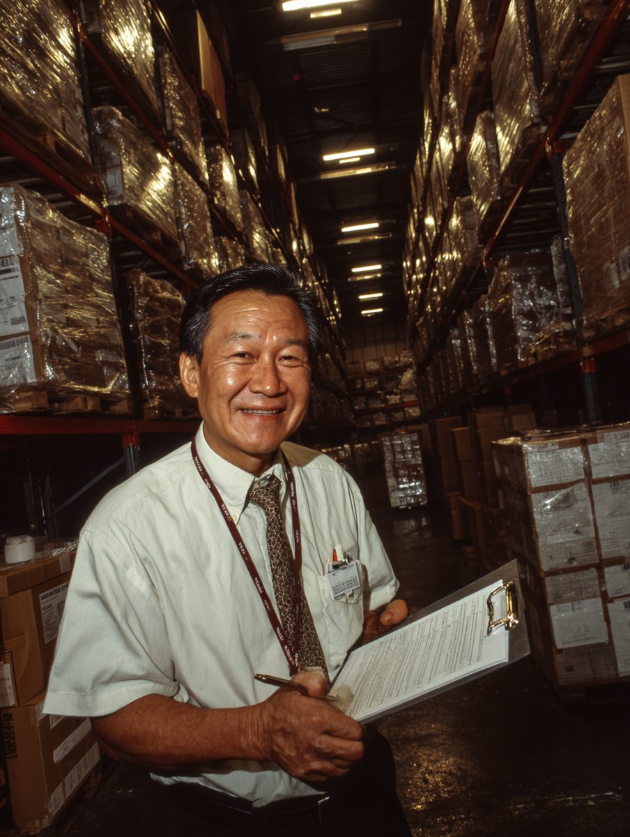 Franklin Wang in a short-sleeve dress shirt, holding a clipboard on the warehouse floor, giving a modest thumbs up