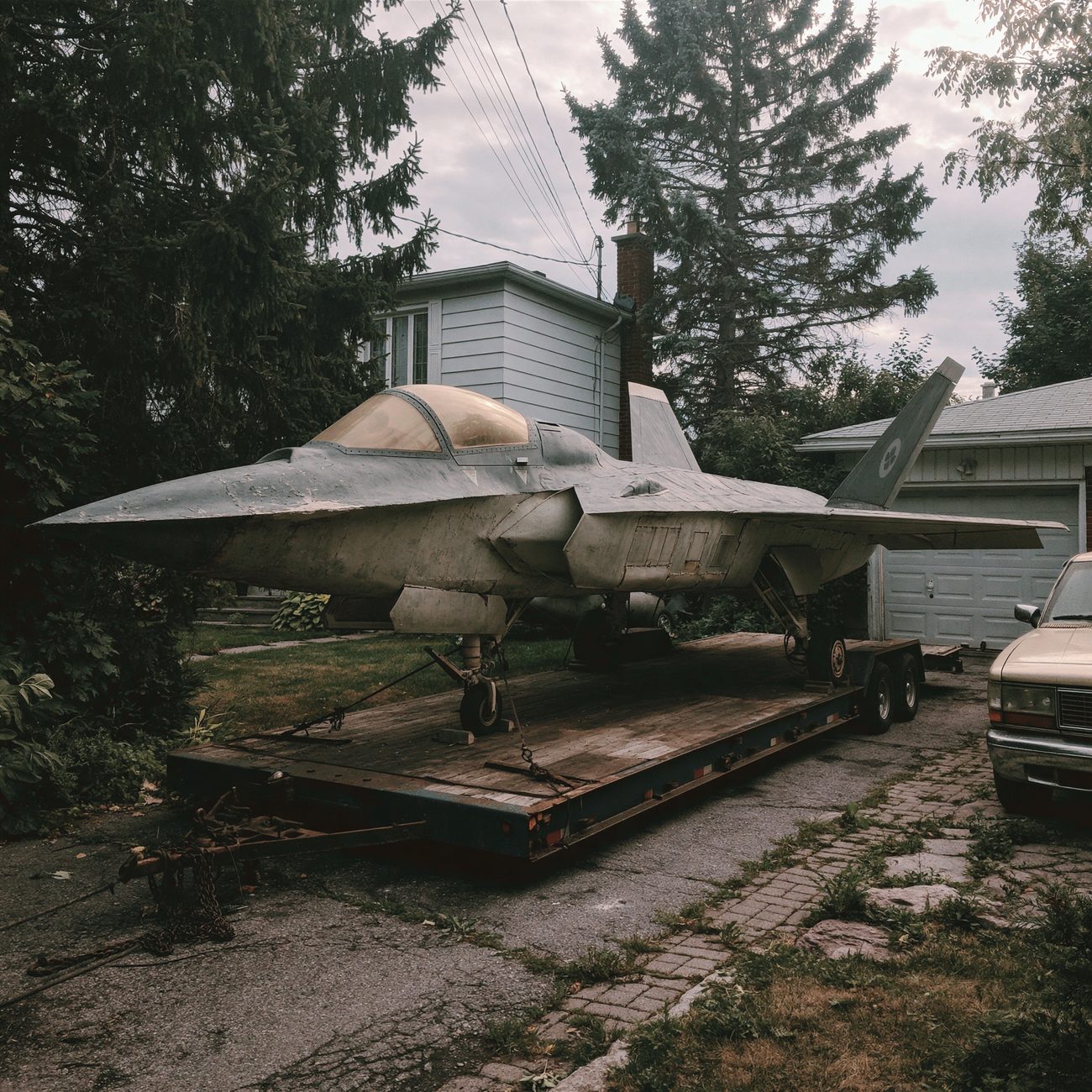 A Cessna-sized gray stealth fighter replica with visible fiberglass panel gaps, parked on a residential driveway
