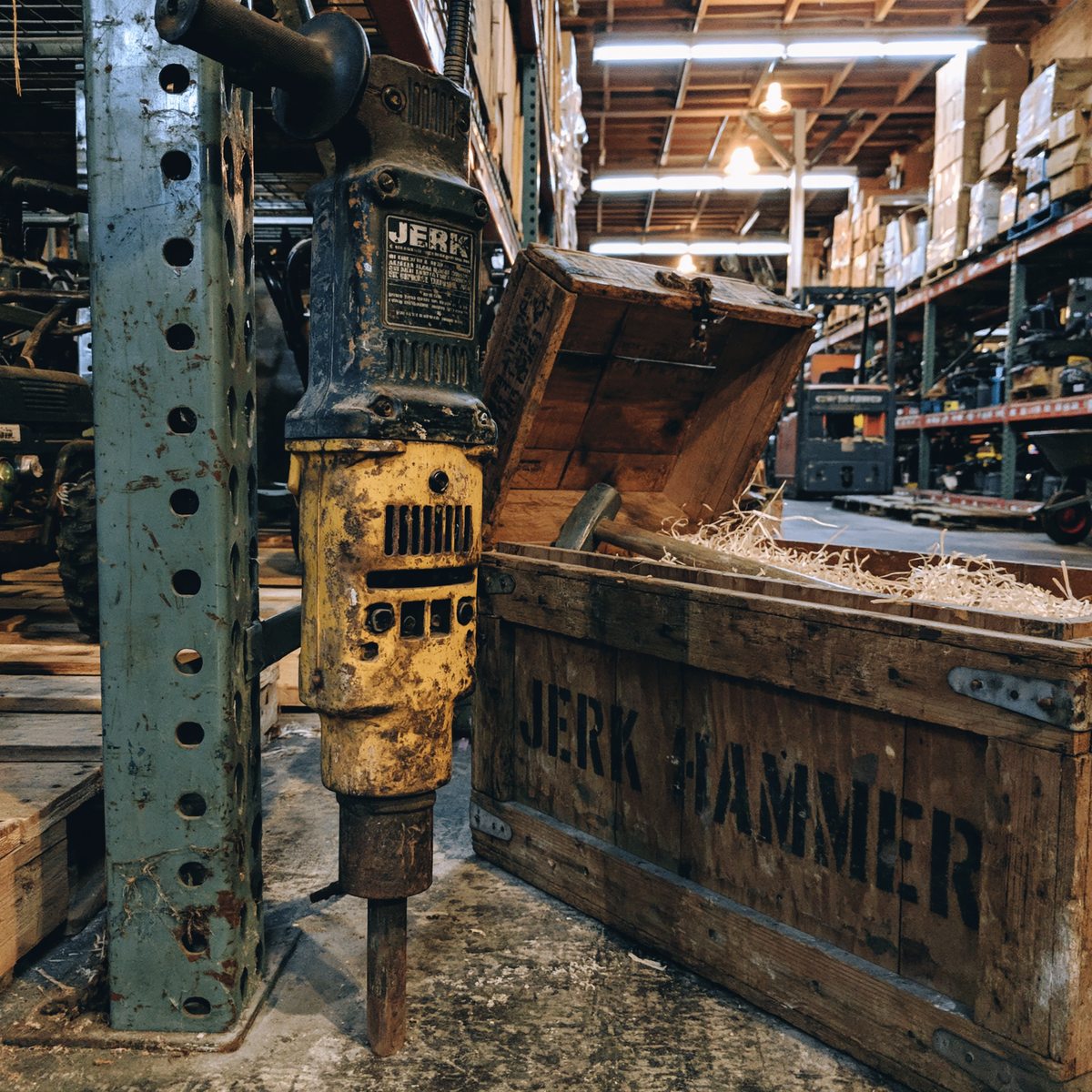 A worn demolition hammer branded JERK leaning against warehouse racking beside a wooden crate stenciled JERK HAMMER