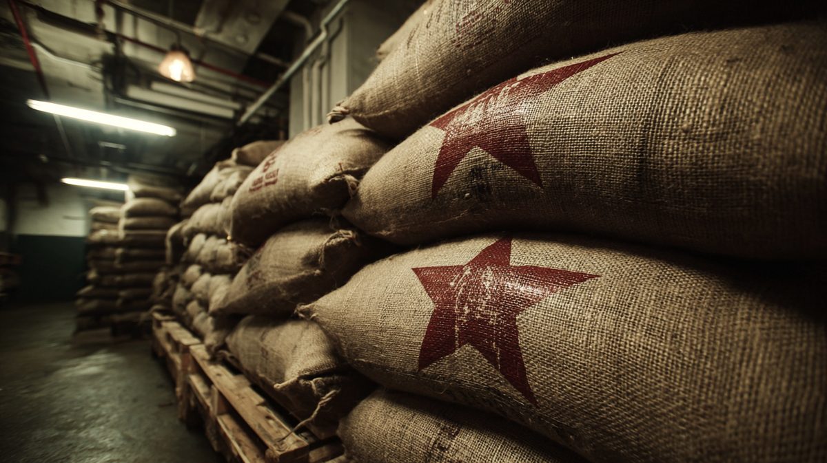 Burlap sacks of coffee beans stenciled with a crimson star, provenance unclear