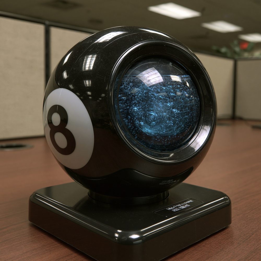 A black 8-ball on a desk stand in an office, its answer window swirling blue, between answers