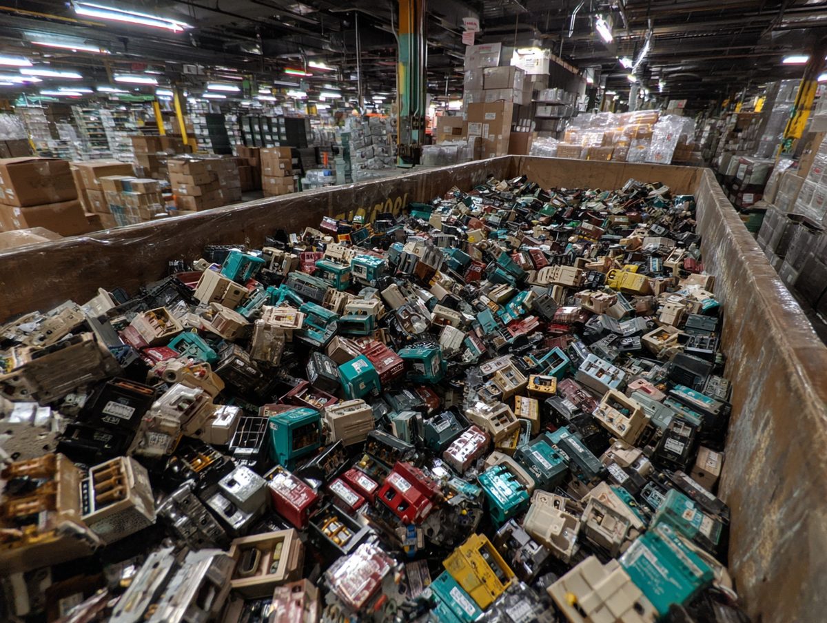 A cardboard bin overflowing with assorted loose circuit breakers