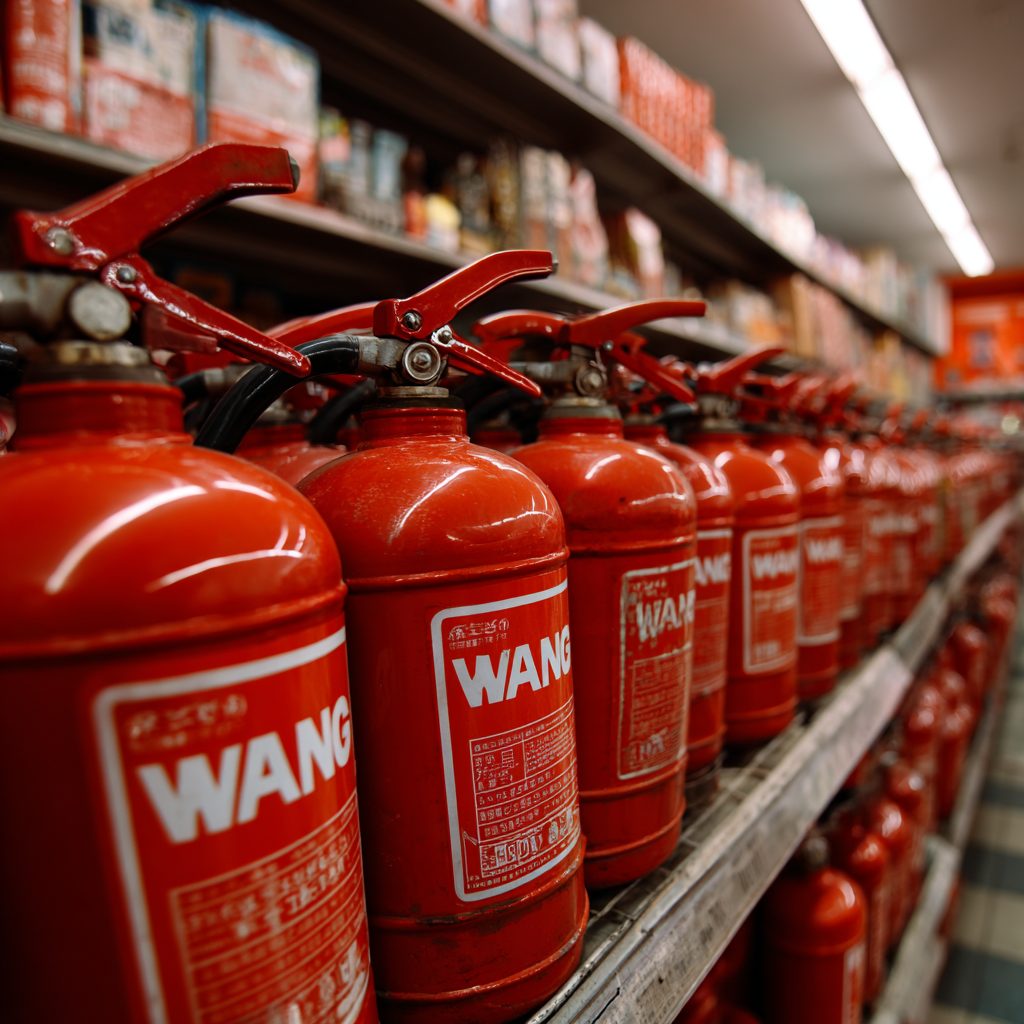 A shelf of red fire-extinguisher-shaped canisters with blank labels