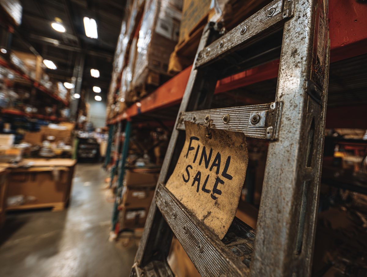 A single aluminum ladder leaning against a warehouse rack, marked final sale