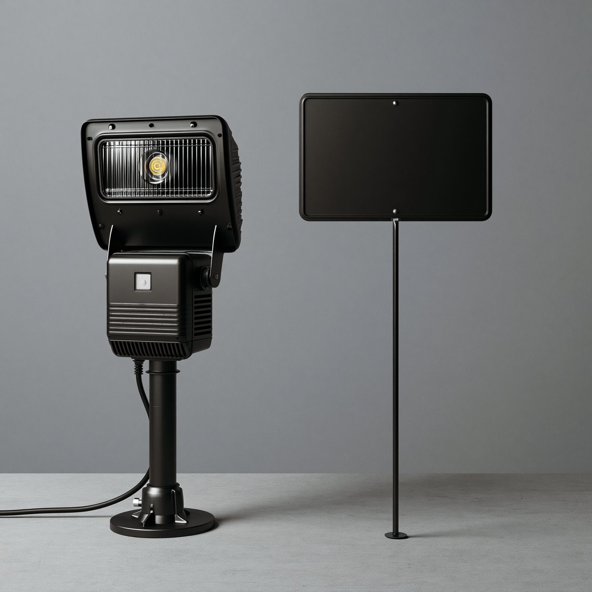 A serious studio product photo of a black motion floodlight beside a blank black yard sign on a stake