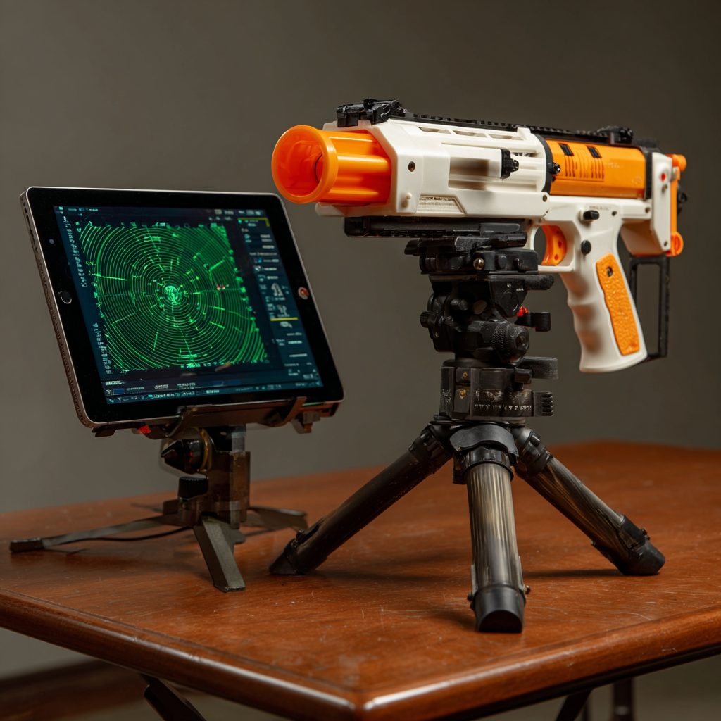 A foam dart blaster zip-tied to a small tablet showing a radar screen, mounted on a camera tripod
