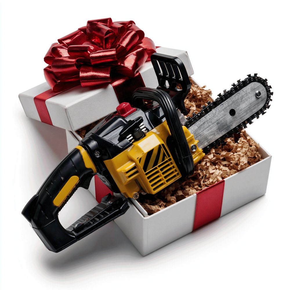 A tiny one-handed chainsaw presented in a gift box with a bow, cheap listing photo
