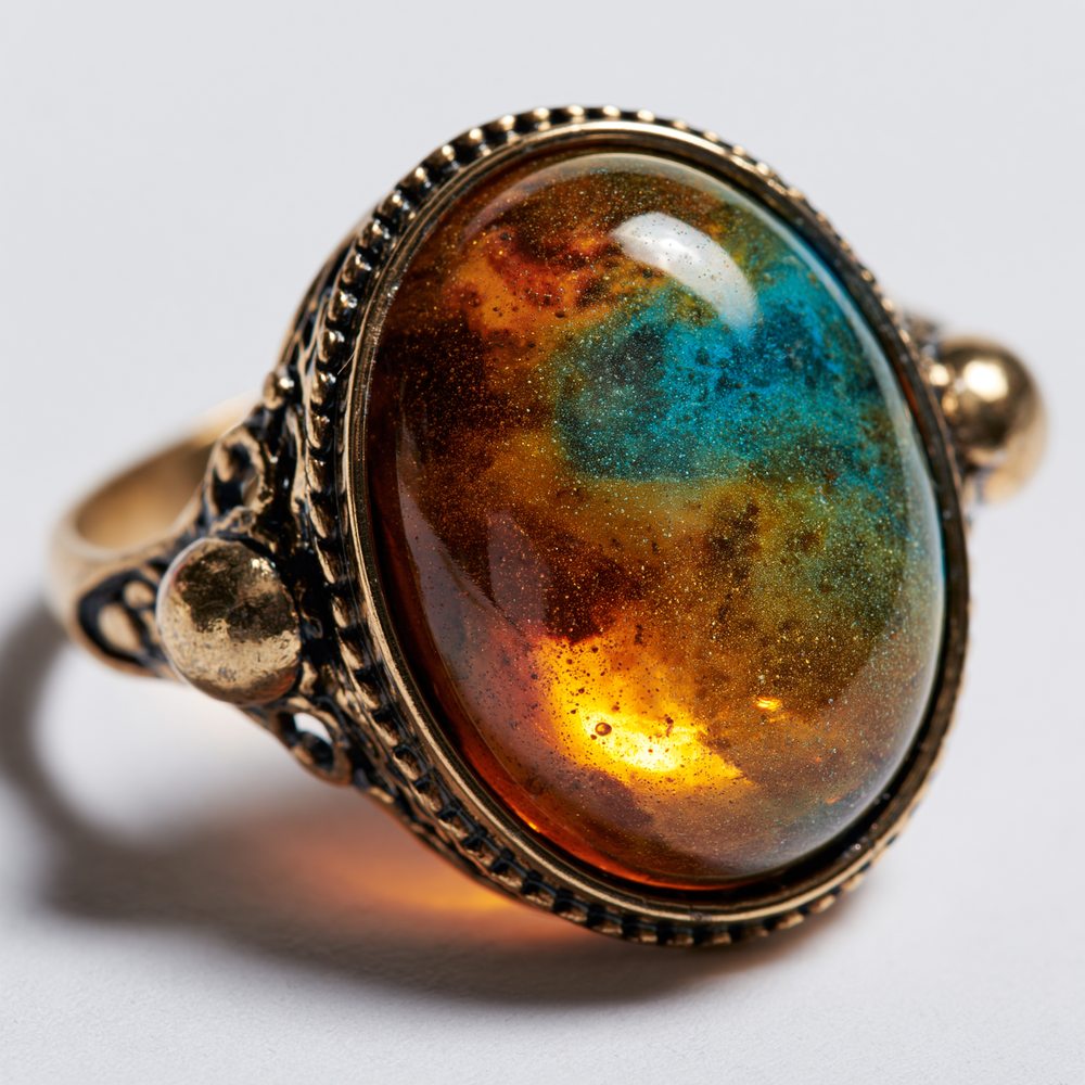 A color-changing mood ring on a plastic display hand, cheap e-commerce photo