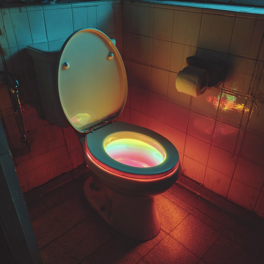 A toilet bowl glowing rainbow colors in a dark bathroom, cheap gadget listing photo